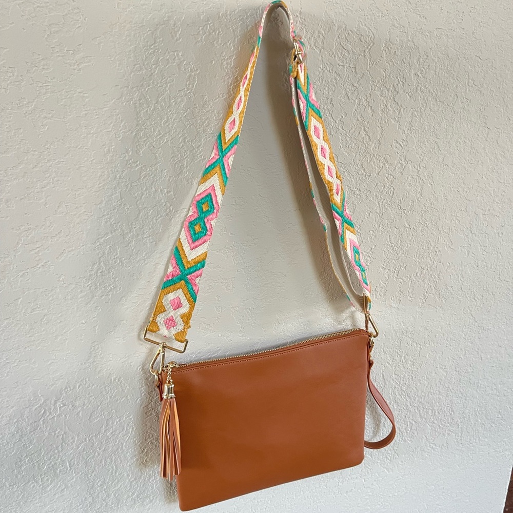 NWT Camel Tan Crossbody Bag with Colorful Guitar Strap